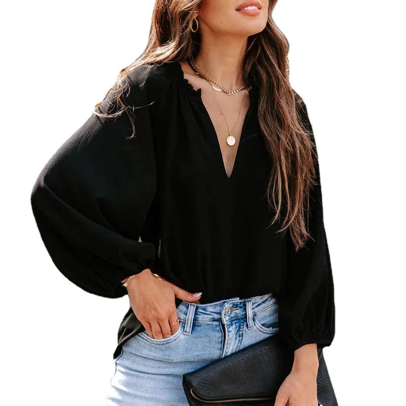 Ladies Comfy Casual V-neck Ruffle Collar Loose Blouse