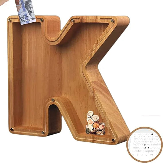 Alphabet A-Z Letter Wooden Piggy Bank Coin Box for Kids Adult Gift