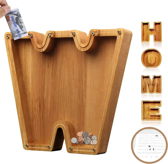 Alphabet A-Z Letter Wooden Piggy Bank Coin Box for Kids Adult Gift