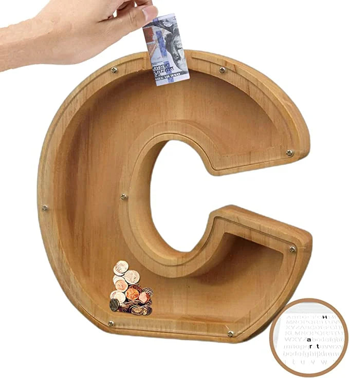 Alphabet A-Z Letter Wooden Piggy Bank Coin Box for Kids Adult Gift
