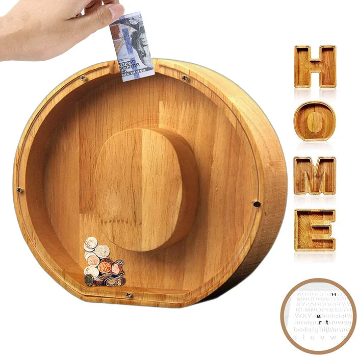Alphabet A-Z Letter Wooden Piggy Bank Coin Box for Kids Adult Gift