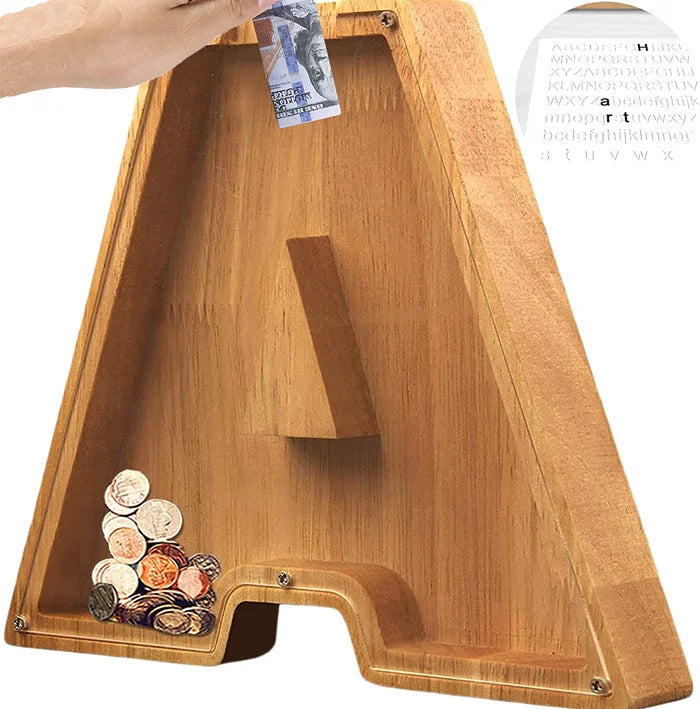 Alphabet A-Z Letter Wooden Piggy Bank Coin Box for Kids Adult Gift