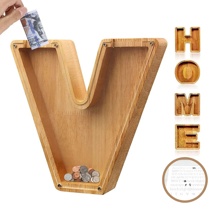 Alphabet A-Z Letter Wooden Piggy Bank Coin Box for Kids Adult Gift