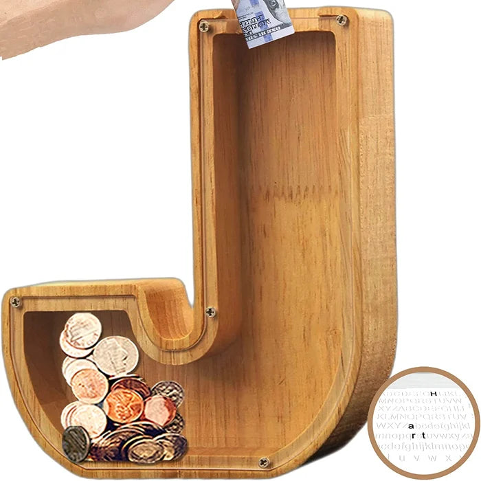 Alphabet A-Z Letter Wooden Piggy Bank Coin Box for Kids Adult Gift