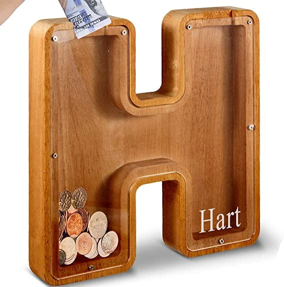 Alphabet A-Z Letter Wooden Piggy Bank Coin Box for Kids Adult Gift