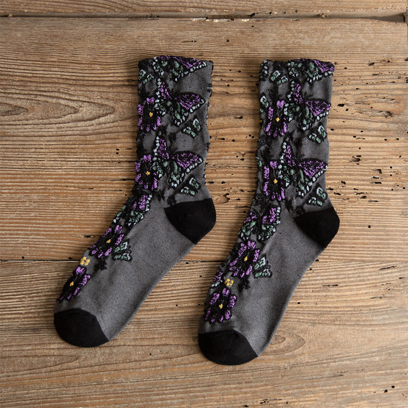5 Pairs Women's Vintage Embossed Floral Mid-calf Socks