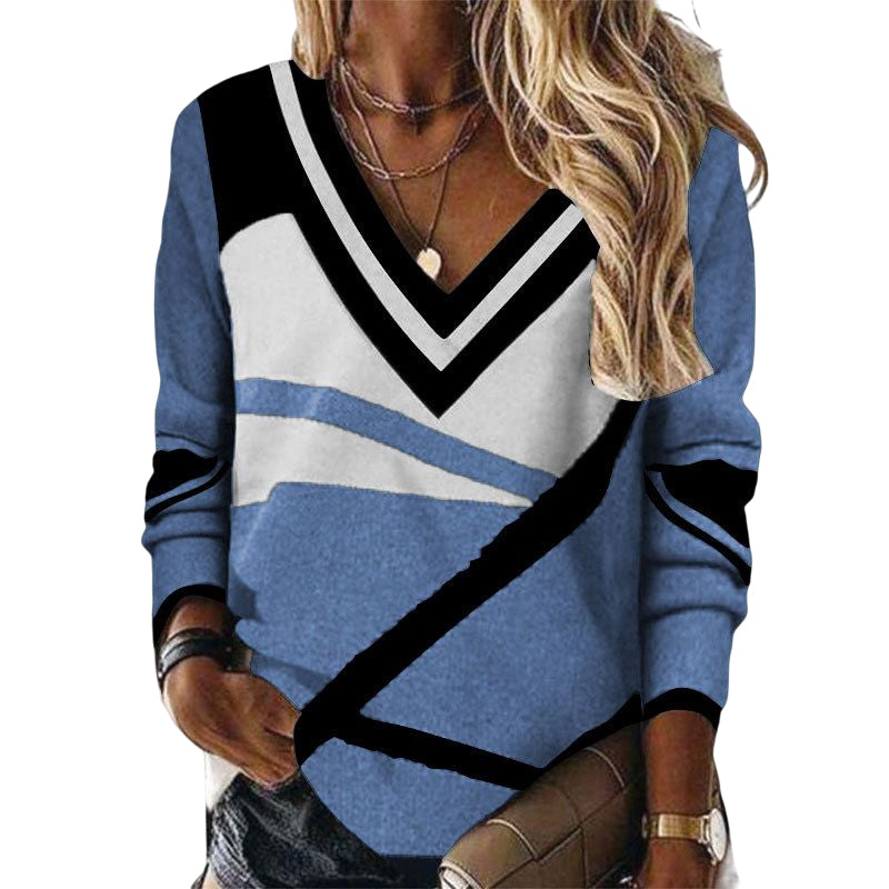 Women's Temperament V-neck Contrast Color Geometric Print Loose Long Sleeve Top