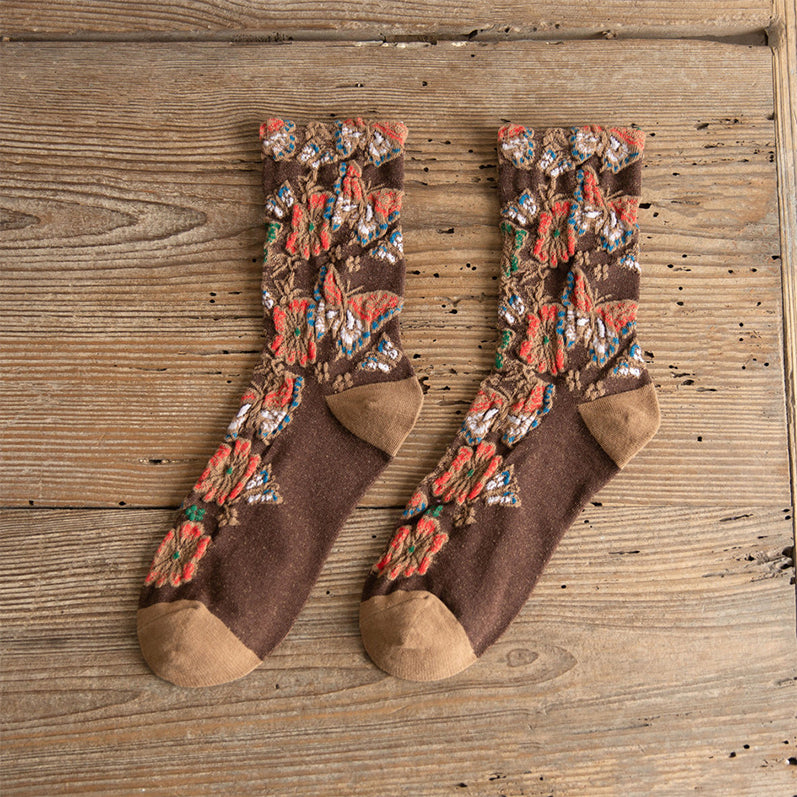 5 Pairs Women's Vintage Embossed Floral Mid-calf Socks